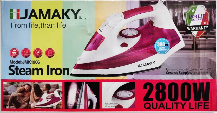 مكواة ملابس بخار جماكي ، 2800 وات، خزان 380 مللي ، قاعدة سيراميك، لون بينك، JMK1006