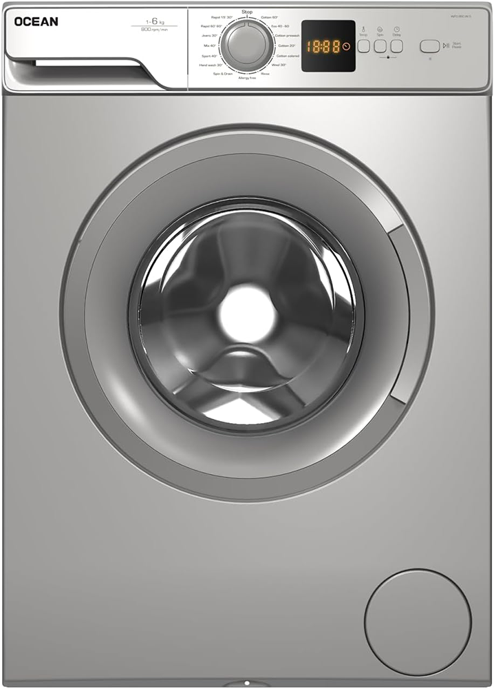 غسالة ملابس اوشن فول اوتوماتيك تحميل امامي تركي، 6 كيلو، 800 لفة، شاشة ديجيتال، 15 برنامج غسيل، فضي، WFO860WS