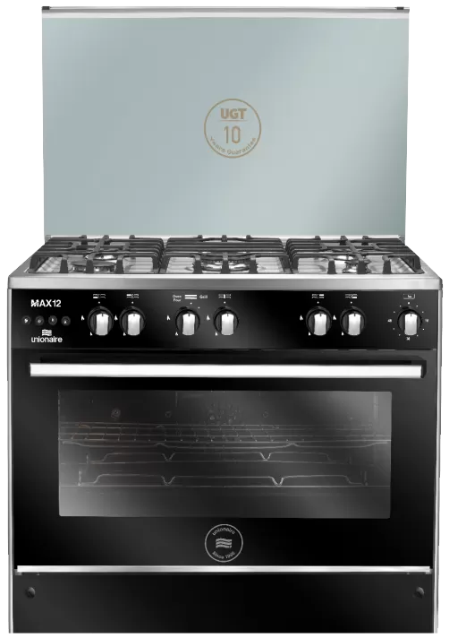 بوتاجاز يونيون اير ماكس 12 ، مقاس 60×80 سم ، 5 شعلة ، حوامل زهر ، شواية - مروحة فرن ، أسود ، C68SS-GC-447-IF-SO-2W-M12-AL