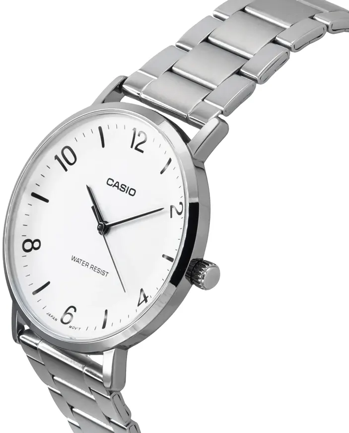 ساعة كاسيو للرجال، مينا ابيض، عقارب دائرية، سوار ستانلس ستيل فضي، ساعة يد تناظرية، فضي، MTP-VT03D-7B