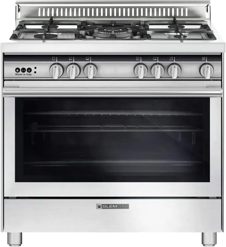 Glem Gas Cooker, 60*90 cm, 5 Burners, Full Safety, Cast Iron Holders, Stainless Steel, ST9612RIFS