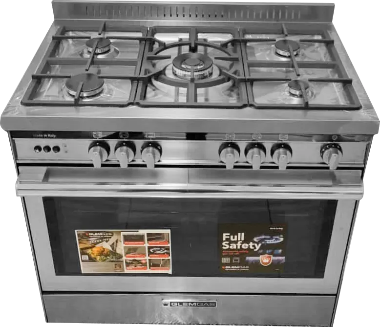 Glem Gas Cooker, 60*90 cm, 5 Burners, Full Safety, Cast Iron Holders, Stainless Steel, ST9612RIFS