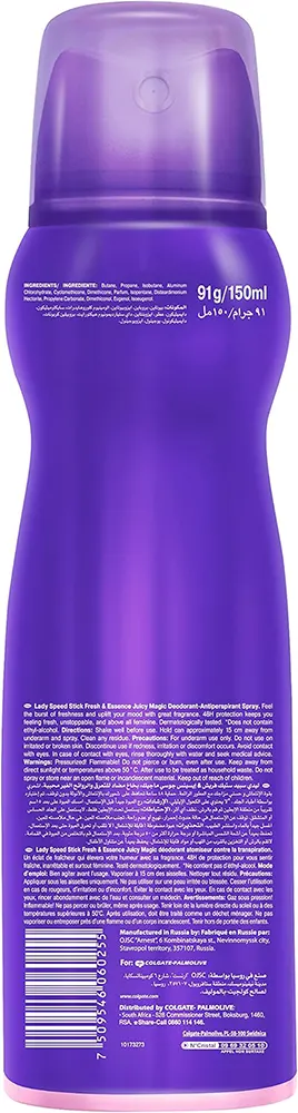 مزيل عرق سبراي للجنسين فريش اند اسينس من ليدي سبيد ستيك، 150 مل توت