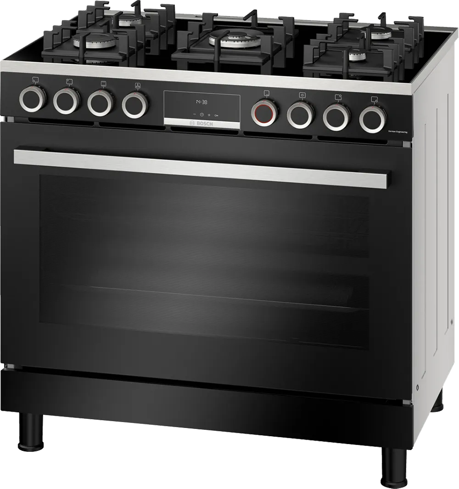 بوتاجاز بوش ، مقاس 90 سم ، 5 شعلة ، شاشة ديجيتال ، امان تام ، حوامل زهر ، مروحه فرن ، أسود ، HJY5G7V61S