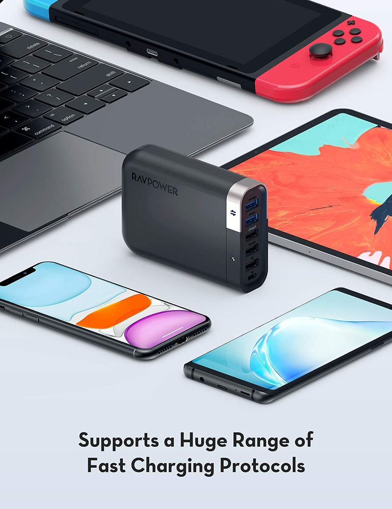 شاحن راف باور ، 6 منافذ، شحن سريع، 60 وات، اسود، RP-UM002