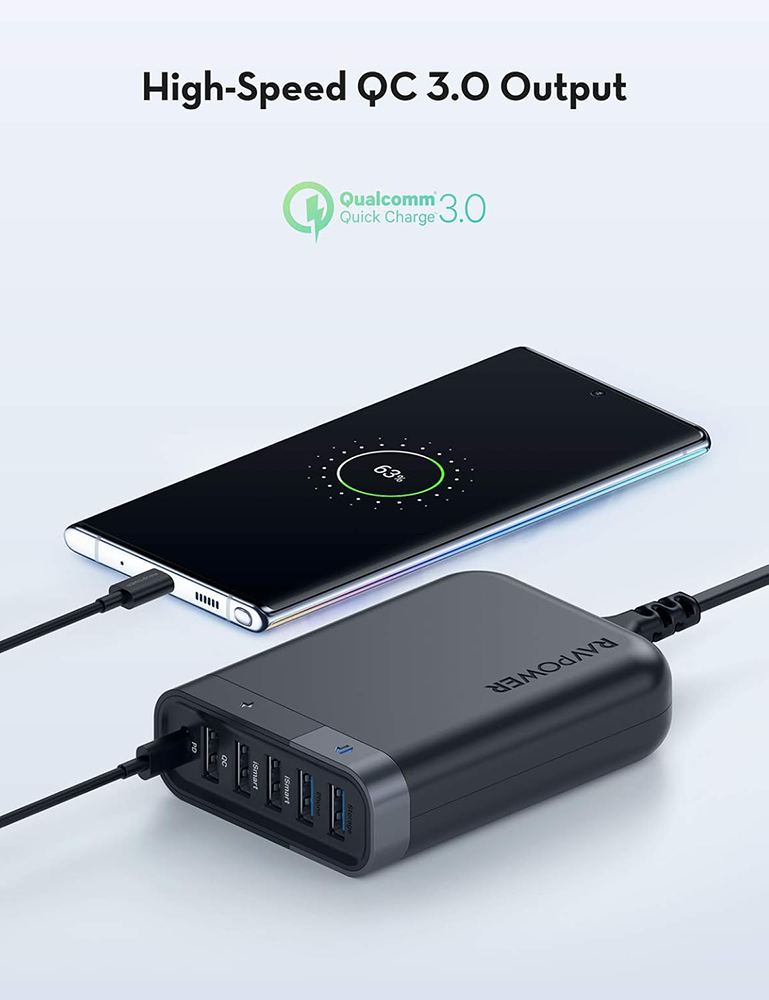 RAVPower Charger, 6-Port, Fast Charging, 60W, Black, RP-UM002
