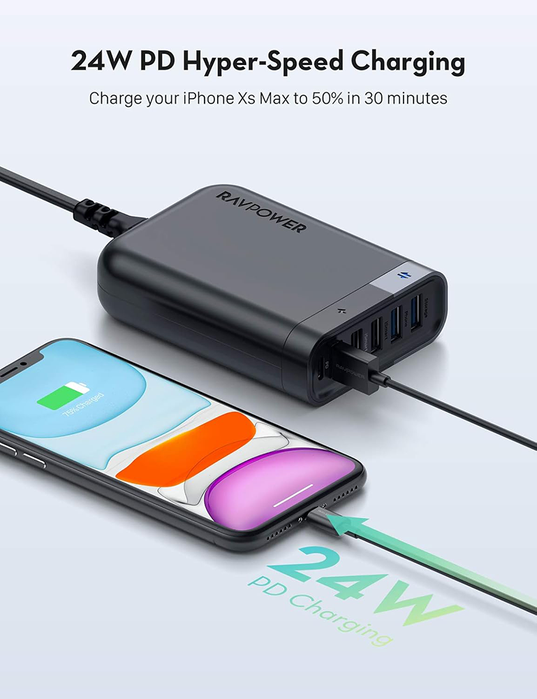 RAVPower Charger, 6-Port, Fast Charging, 60W, Black, RP-UM002