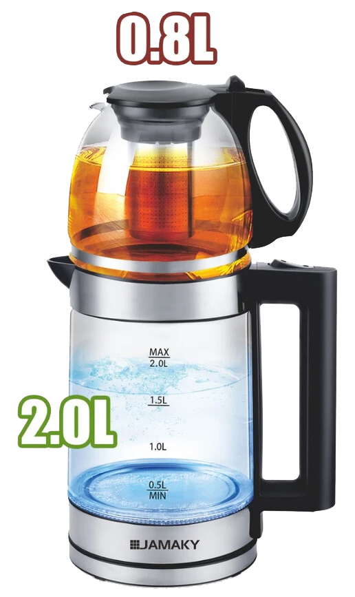 غلاية مياه كهربائية جماكي مزدوجة مع إبريق شاي ، 1800 وات ، سعة 0.8 لتر - 2 لتر ، مقابض مضادة للحرارة ، أسود، JMK9510