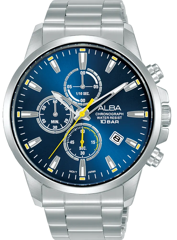 ساعة البا للرجال، مينا ازرق، عقارب دائرية، سوار ستانلس ستيل فضي، ساعة يد تناظرية، فضي، AM3911X1