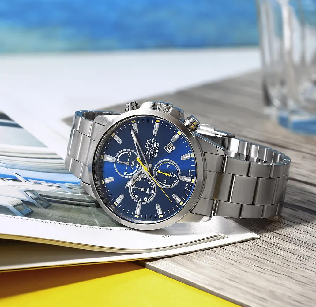 ساعة البا للرجال، مينا ازرق، عقارب دائرية، سوار ستانلس ستيل فضي، ساعة يد تناظرية، فضي، AM3911X1