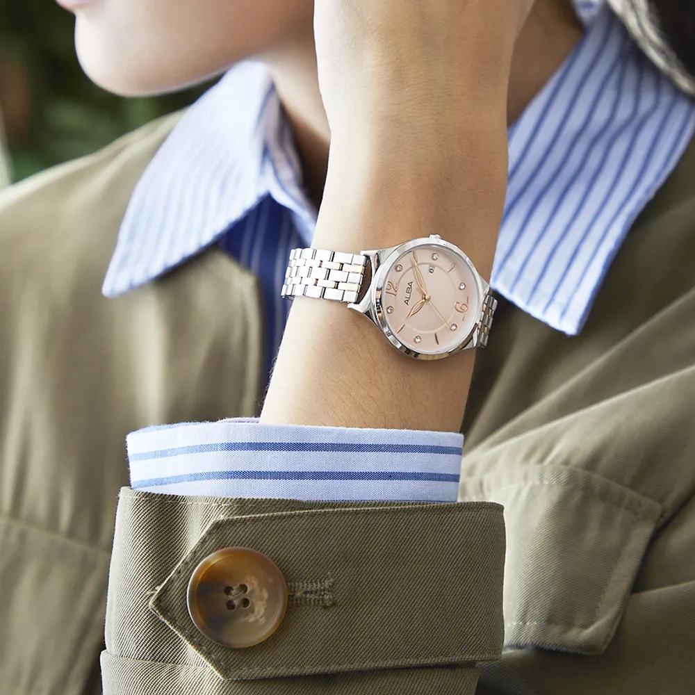 ساعة البا للنساء، مينا لايت بينك ، عقارب دائرية، سوار ستانلس ستيل فضي في روز جولد، ساعة يد تناظرية، فضي، AH7AQ9X1