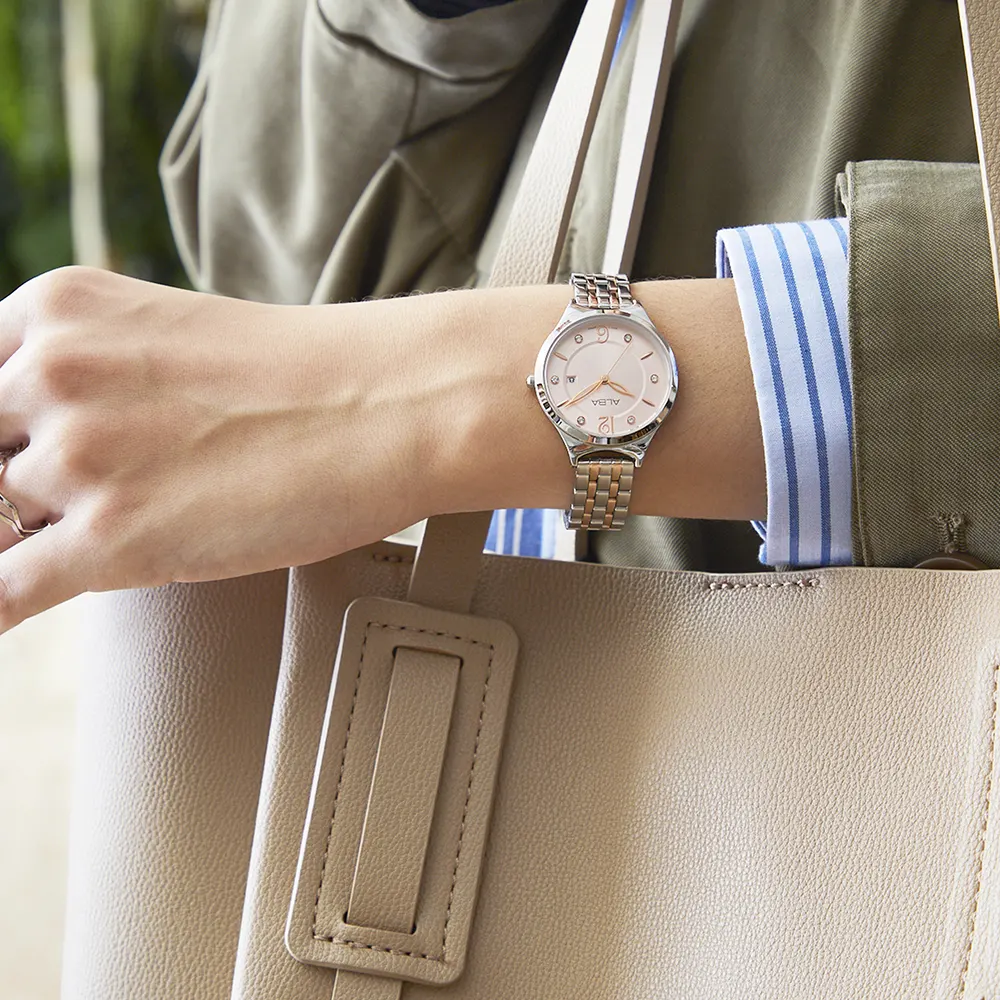 ساعة البا للنساء، مينا لايت بينك ، عقارب دائرية، سوار ستانلس ستيل فضي في روز جولد، ساعة يد تناظرية، فضي، AH7AQ9X1