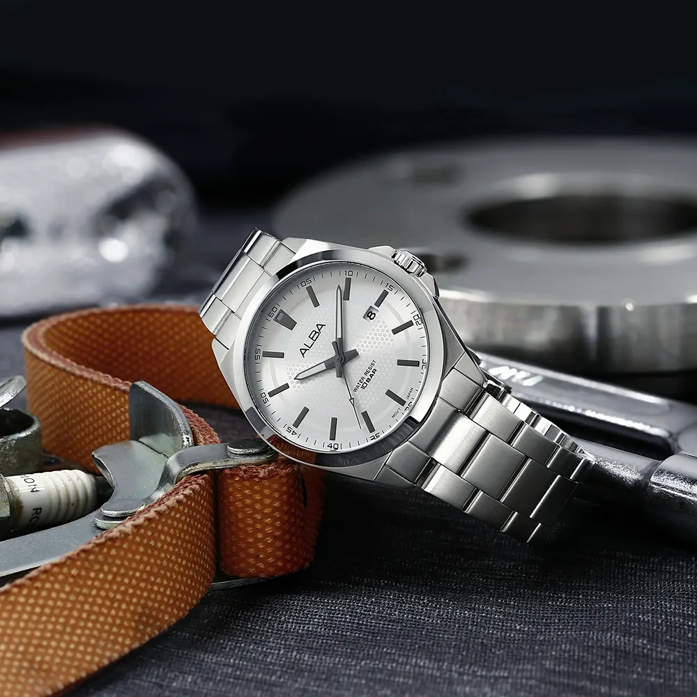 ساعة البا للرجال ، مينا سيلفر في ابيض منقوش ، عقارب ، سوار ستانلس ستيل فضي، ساعة يد تناظرية، فضي، AS9P17X1