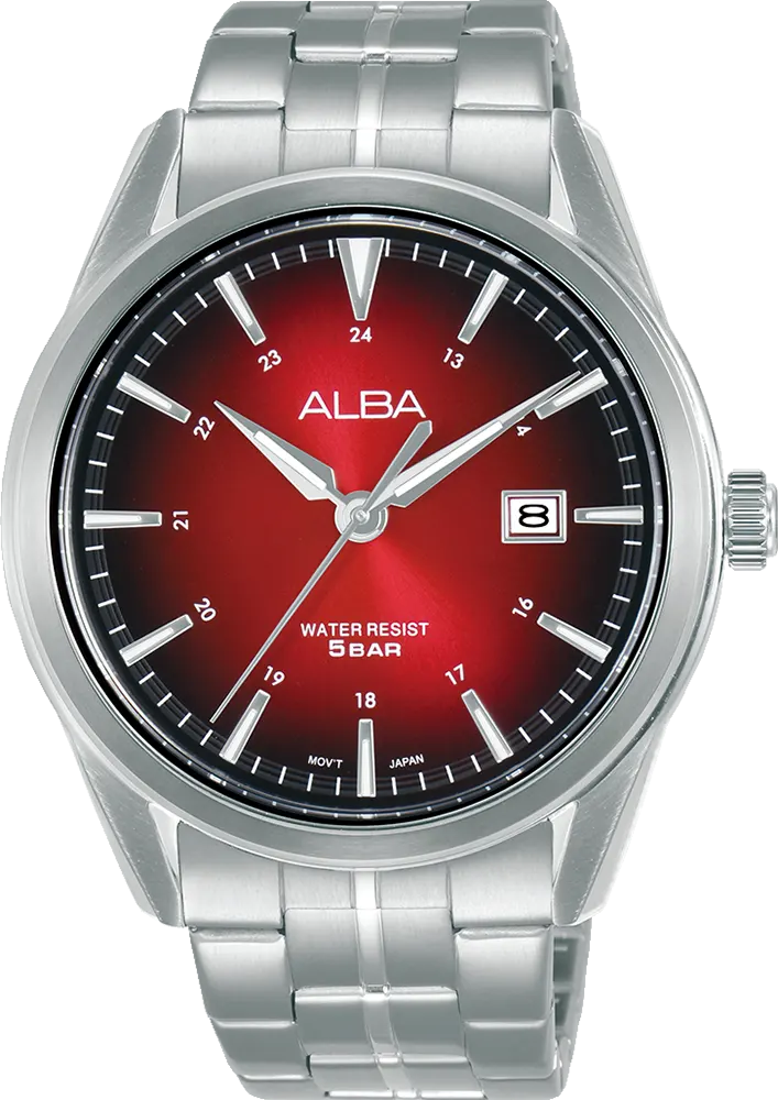 ساعة البا للرجال ، مينا احمر في اسود  ، عقارب ، سوار ستانلس ستيل فضي، ساعة يد تناظرية، فضي، AS9N87X1