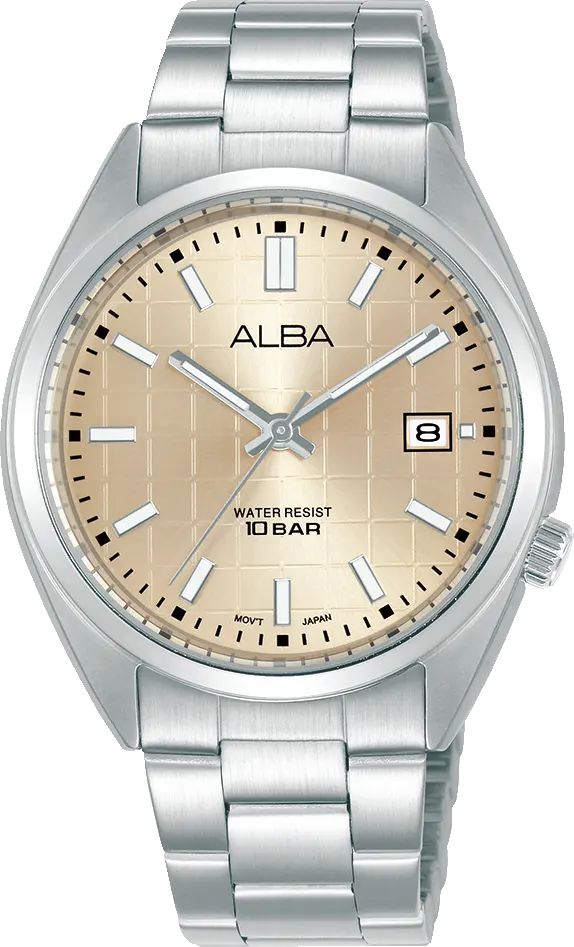 ساعة البا للنساء، مينا ذهب وردي فاتح منقوش، عقارب دائرية، سوار ستانلس ستيل فضي  ، ساعة يد تناظرية، فضي، AG8M45X1