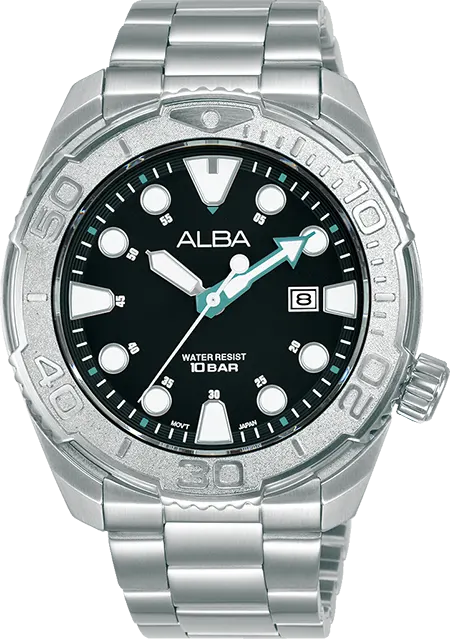 ساعة البا للرجال، مينا اسود، عقارب، سوار ستانلس ستيل فضي، ساعة يد تناظرية، فضي، AG8M23X1