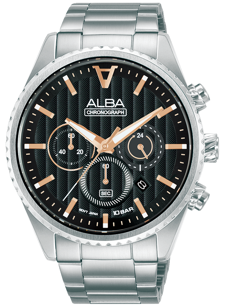 ساعة يد البا كرونوجراف للرجال ، ميناء أسود ، عقارب دائرية ، سوار استانلس ستيل فضي ، ساعة يد تناظرية ، فضي ، AT3H81X1