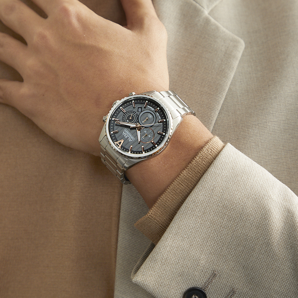 ساعة يد البا كرونوجراف للرجال ، ميناء أسود ، عقارب دائرية ، سوار استانلس ستيل فضي ، ساعة يد تناظرية ، فضي ، AT3H81X1