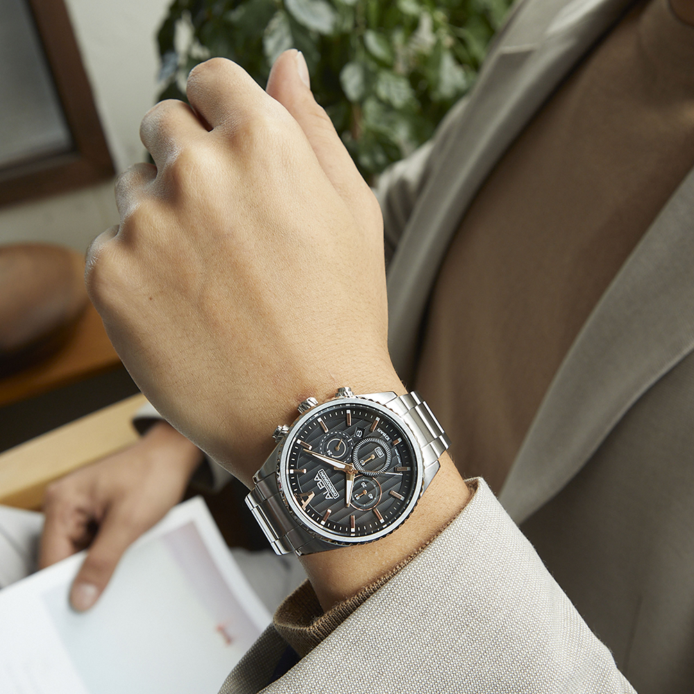 ساعة يد البا كرونوجراف للرجال ، ميناء أسود ، عقارب دائرية ، سوار استانلس ستيل فضي ، ساعة يد تناظرية ، فضي ، AT3H81X1