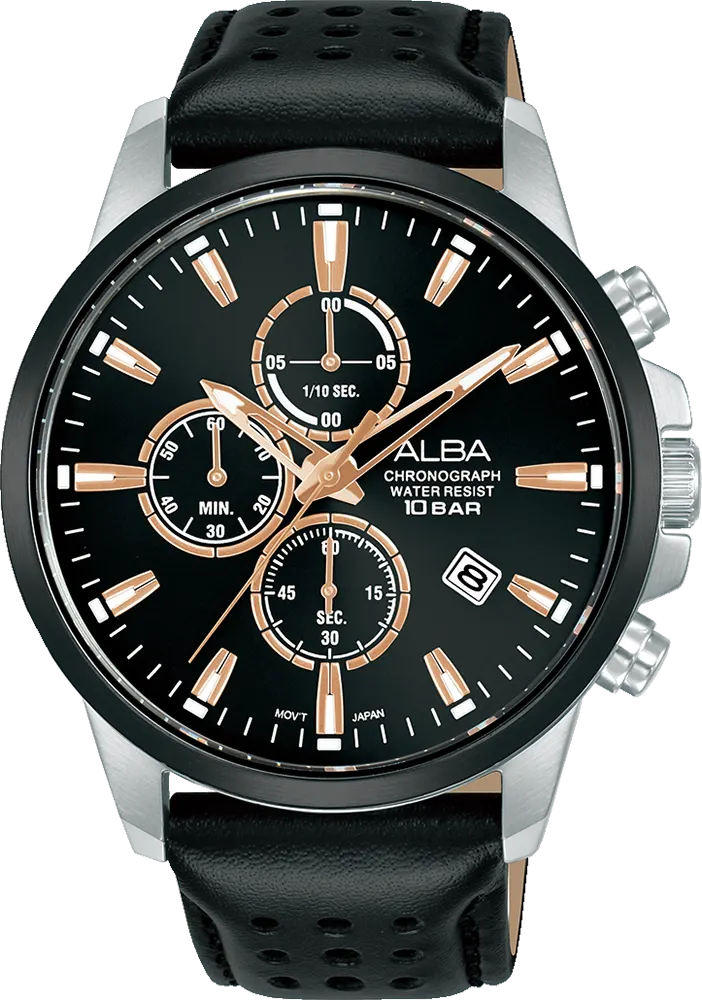 ساعة البا للرجال، مينا اسود، عقارب دائرية، سوار جلد اسود، ساعة يد تناظرية، اطار ستانلس ستيل اسود، AM3915X1