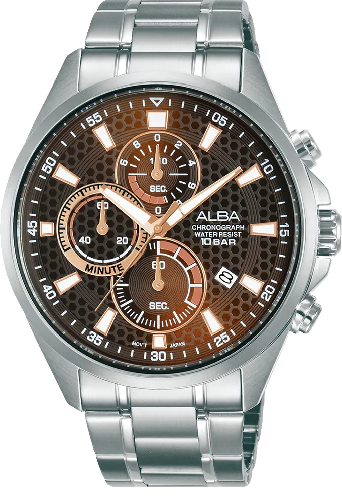 ساعة البا للرجال ، مينا بني منقوش ، عقارب ، سوار ستانلس ستيل فضي، ساعة يد تناظرية، فضي، AM3871X1