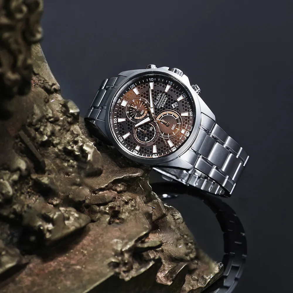 ساعة البا للرجال ، مينا بني منقوش ، عقارب ، سوار ستانلس ستيل فضي، ساعة يد تناظرية، فضي، AM3871X1