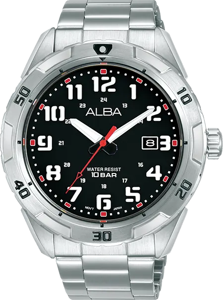 ساعة البا للرجال، مينا اسود، عقارب، سوار ستانلس ستيل فضي، ساعة يد تناظرية، فضي، AS9R81X1