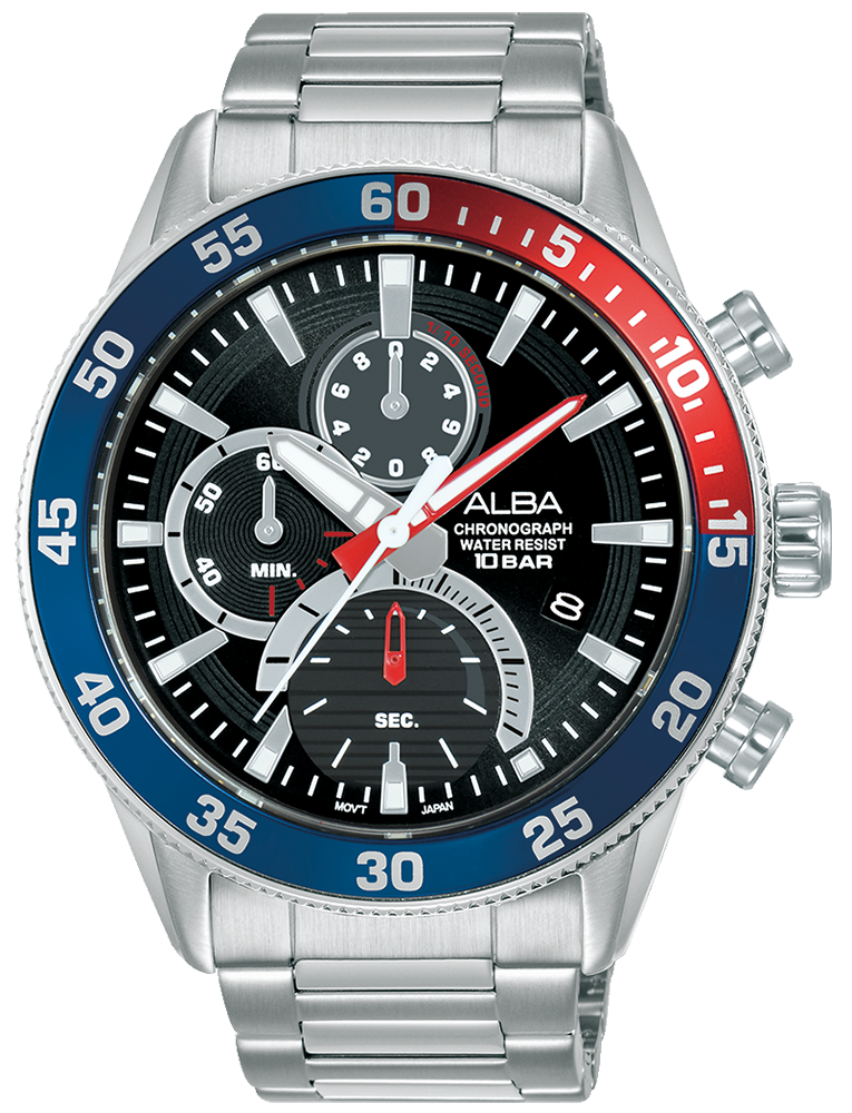 ساعة يد البا كرونوجراف للرجال ، ميناء أسود ، عقارب دائرية ، سوار استانلس ستيل فضي ، ساعة يد تناظرية ، فضي ، AM3893X1