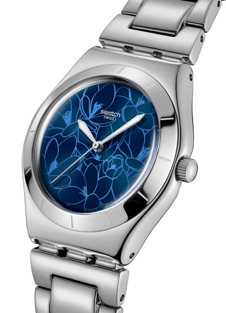 ساعة يد سواتش للنساء ، ميناء أزرق مصقول، عقارب دائرية ، سوار استانلس ستيل فضي ، ساعة يد تناظرية ، فضي ، YLS235G