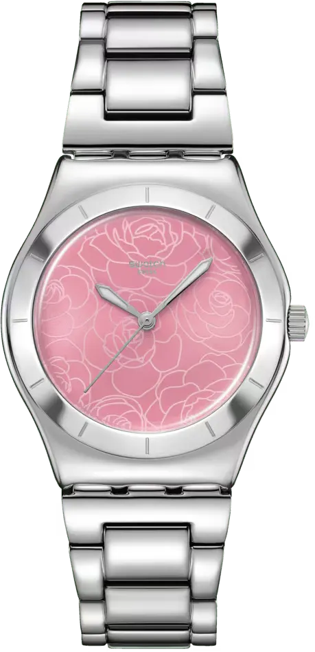 ساعة سواتش للنساء ، مينا بينك، عقارب دائرية، سوار ستانلس ستيل فضي، ساعة يد تناظرية، فضية ، YLS234G