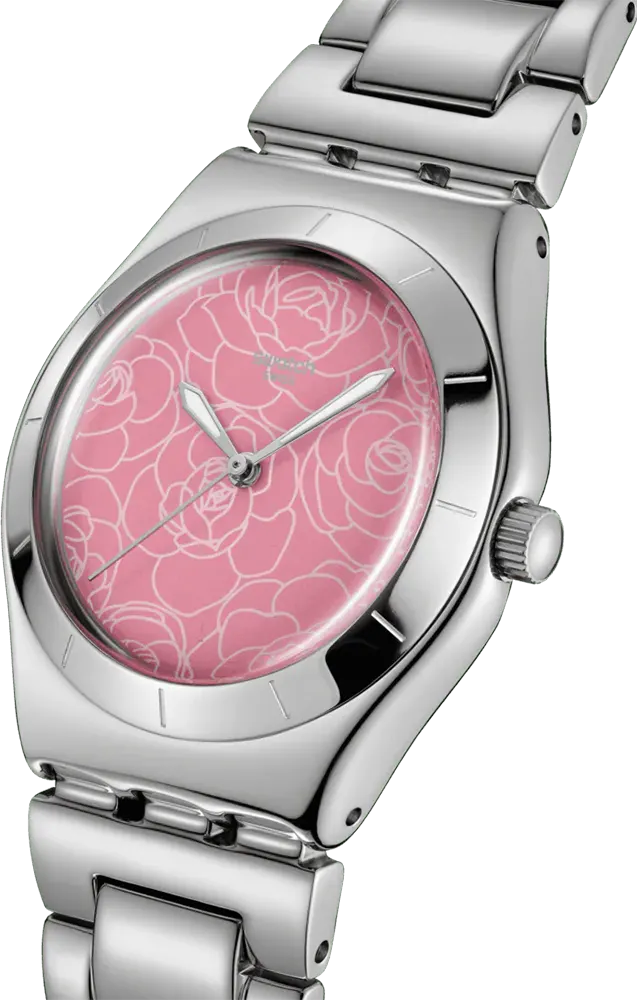 ساعة سواتش للنساء ، مينا بينك، عقارب دائرية، سوار ستانلس ستيل فضي، ساعة يد تناظرية، فضية ، YLS234G