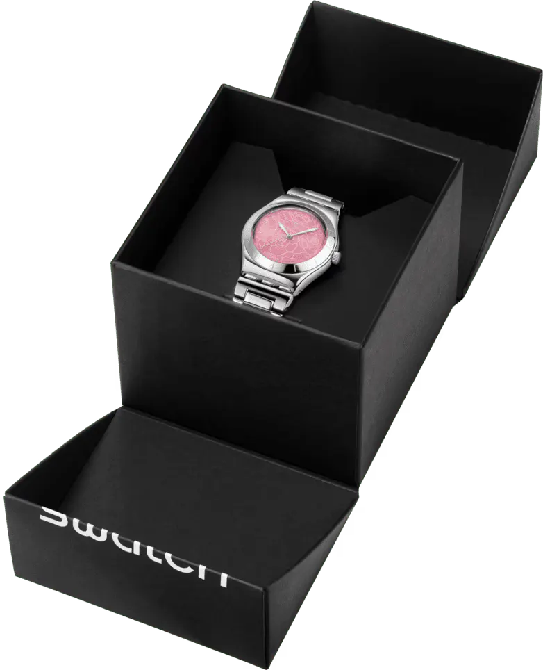 ساعة سواتش للنساء ، مينا بينك، عقارب دائرية، سوار ستانلس ستيل فضي، ساعة يد تناظرية، فضية ، YLS234G