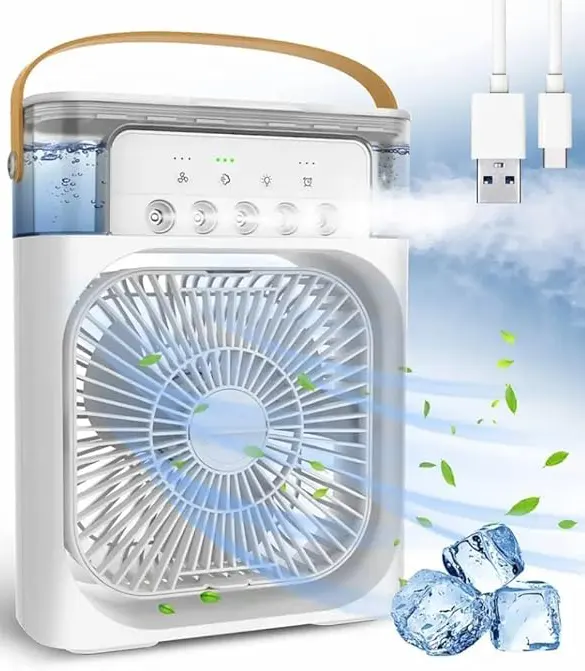 مبرد هواء صغير ومروحة مكتب USB، إضاءة ليد 7 ألوان، مؤقت، 3 سرعات، 3 أوضاع رش