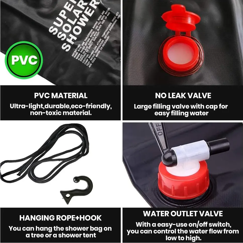 شنطة استحمام حرارية بدش محمولة للرحلات والتخييم، 20 لتر، لون أسود، موديل 1320