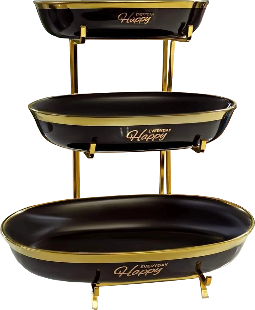 ستاند تقديم فواكة وحلويات هابي ، مكونة من 3 طوابق مع حامل استانلس ، أسودx ذهبي ، 22 - 22