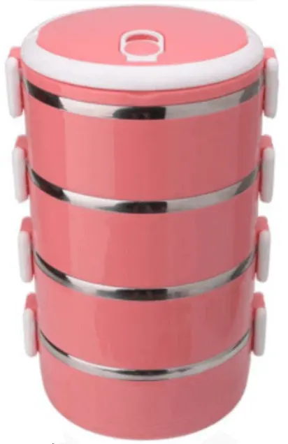 عمود طعام بلاستيك  في ستانلس علبة حمل طعام دائرية  من 4 ادوار بينك، 040