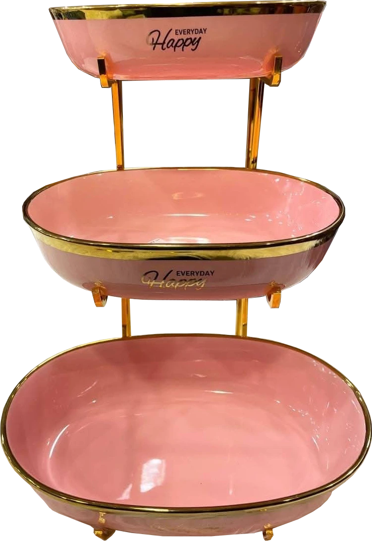 ستاند تقديم فواكة وحلويات هابي ، مكونة من 3 طوابق مع حامل استانلس ، وردي x ذهبي ، 22 - 24