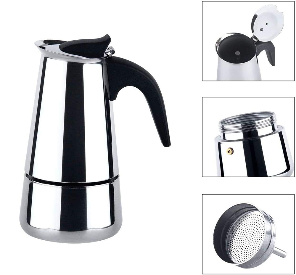 Espresso Coffee Pot , 6 Cups , Stainless Steel , Silver