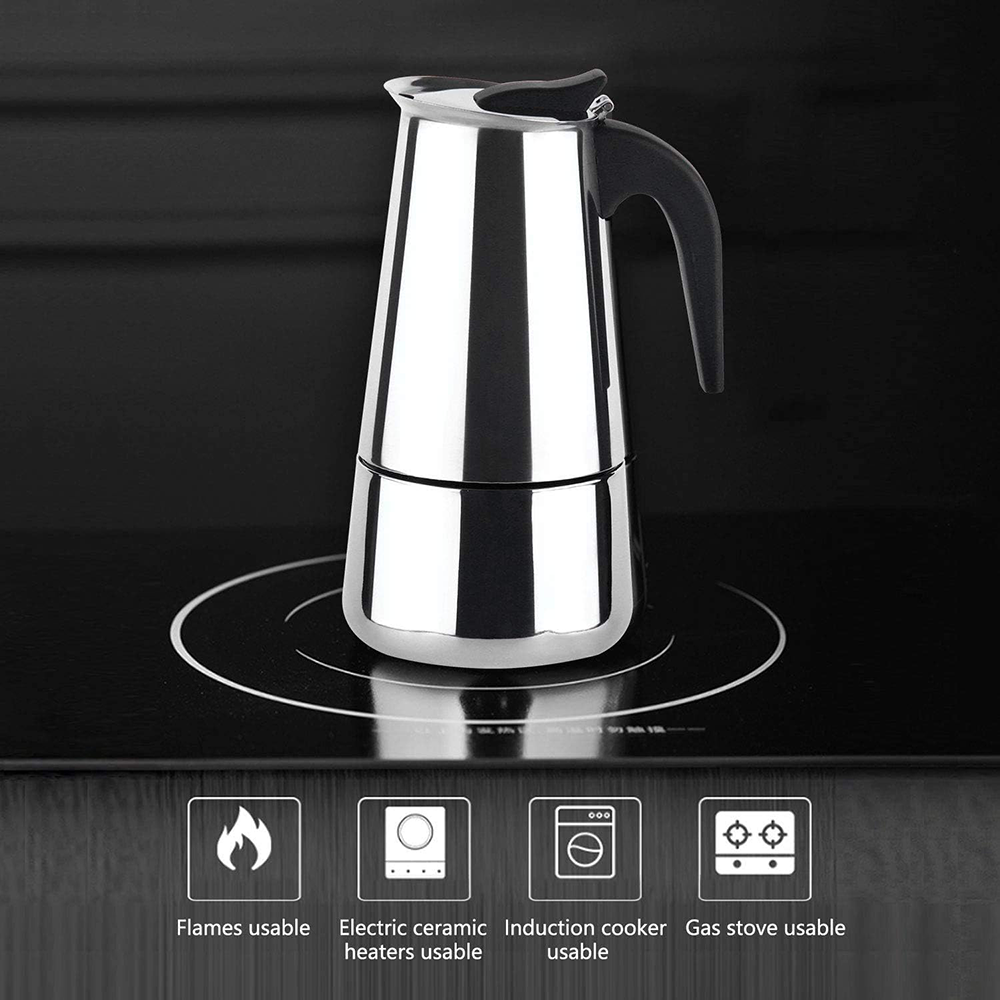 Espresso Coffee Pot , 6 Cups , Stainless Steel , Silver