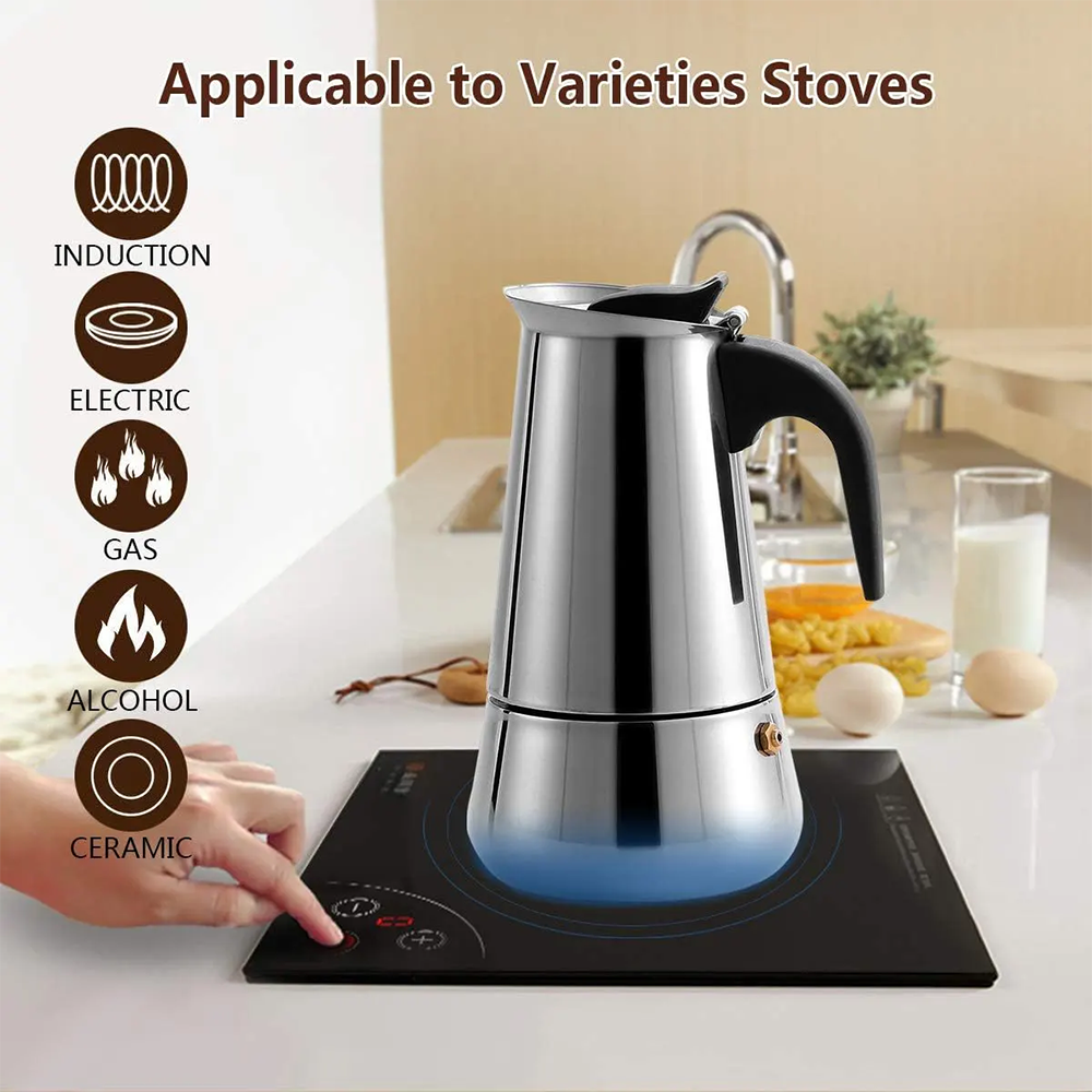 Espresso Coffee Pot , 6 Cups , Stainless Steel , Silver