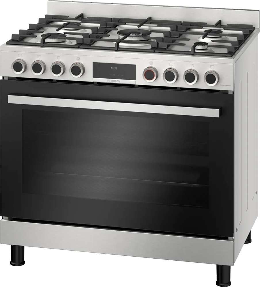 Bosch Series 8 Cooker, 60*90 cm, 5 Burners, Digital Display, Cast Iron Holders, Oven Fan, Self Cleaning, Stainless Steel, HIZ5G7W51S