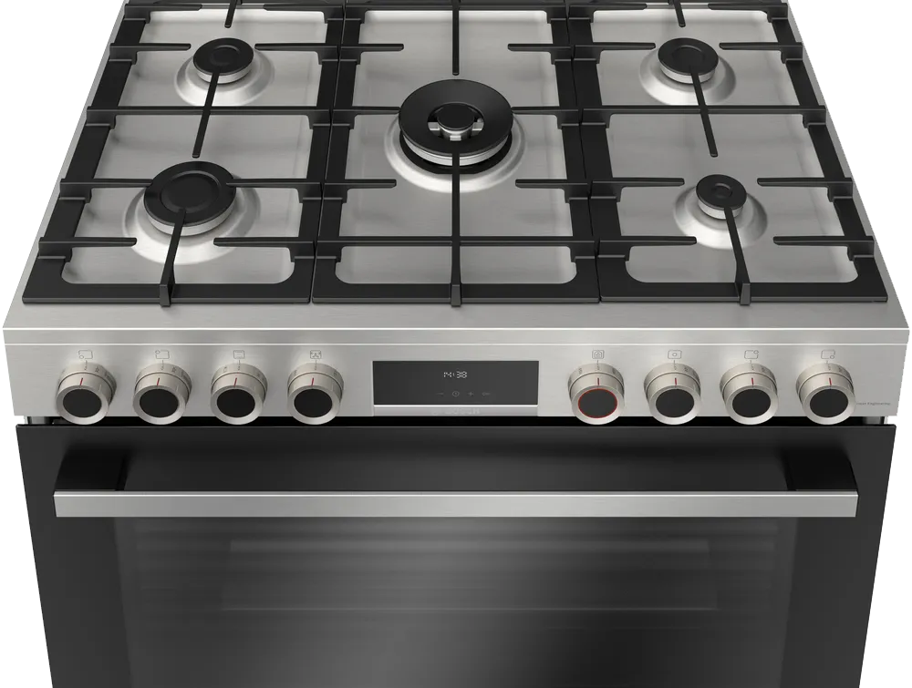 Bosch Series 8 Cooker, 60*90 cm, 5 Burners, Digital Display, Cast Iron Holders, Oven Fan, Self Cleaning, Stainless Steel, HIZ5G7W51S
