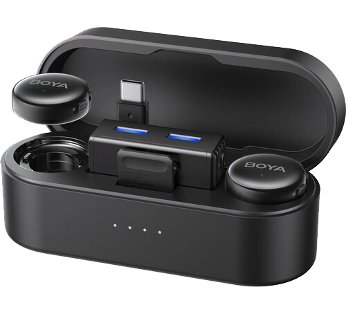 ميكروفون لاسلكي بويا لينك 3، مستقبل ثنائي القناة، خاصية الغاء الضوضاء بالذكاء الاصطناعي، تردد 2.4 جيجاهرتز، موصل 3.5 مم و type-c، أسود