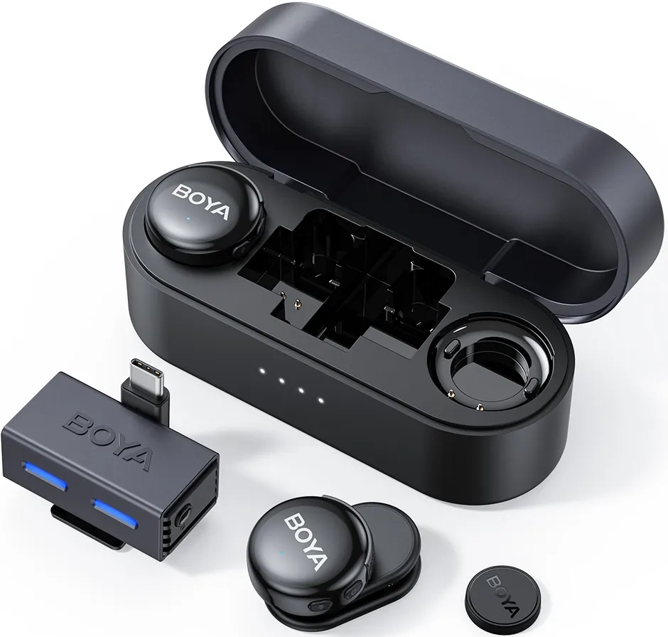 ميكروفون لاسلكي بويا لينك 3، مستقبل ثنائي القناة، خاصية الغاء الضوضاء بالذكاء الاصطناعي، تردد 2.4 جيجاهرتز، موصل 3.5 مم و type-c، أسود