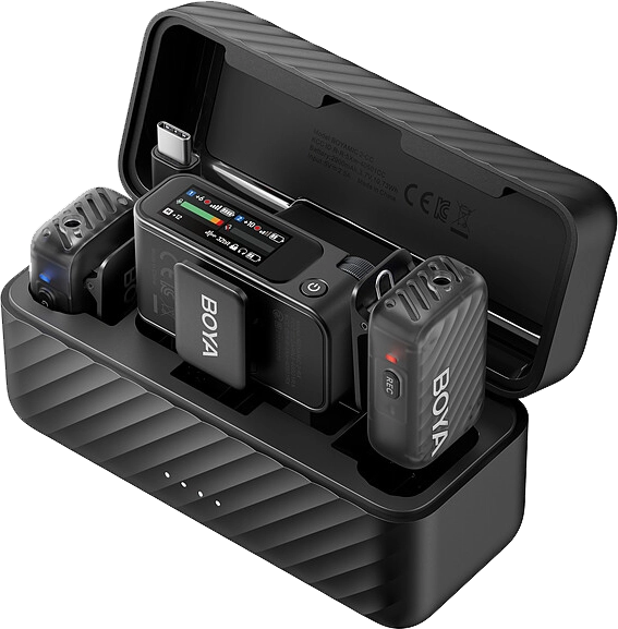 ميكروفون لاسلكي بويا مايك 2، شاشة عرض ديجيتال، خاصية الغاء الضوضاء بالذكاء الاصطناعي، تردد 2.4 جيجاهرتز، مساحة تخزين داخلية 8 جيجا، أسود