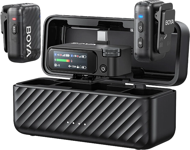 ميكروفون لاسلكي بويا مايك 2، شاشة عرض ديجيتال، خاصية الغاء الضوضاء بالذكاء الاصطناعي، تردد 2.4 جيجاهرتز، مساحة تخزين داخلية 8 جيجا، أسود