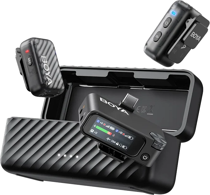 ميكروفون لاسلكي بويا مايك 2، شاشة عرض ديجيتال، خاصية الغاء الضوضاء بالذكاء الاصطناعي، تردد 2.4 جيجاهرتز، مساحة تخزين داخلية 8 جيجا، أسود