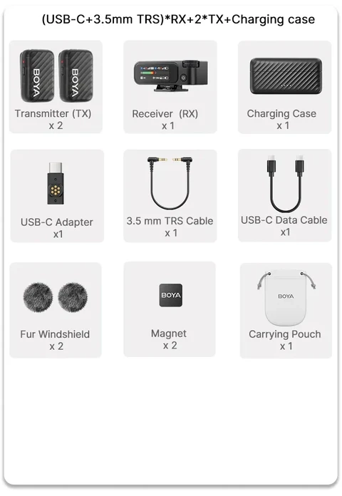 ميكروفون لاسلكي بويا مايك 2، شاشة عرض ديجيتال، خاصية الغاء الضوضاء بالذكاء الاصطناعي، تردد 2.4 جيجاهرتز، مساحة تخزين داخلية 8 جيجا، أسود