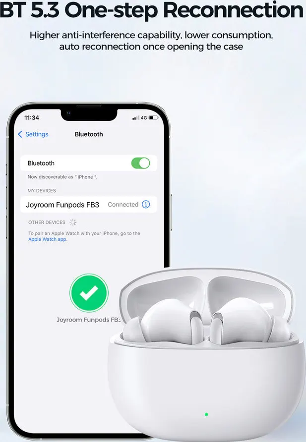سماعات أذن جوي روم فنبودز، بلوتوث، بطارية 400 مللي أمبير-ساعة، أبيض، JR-FB3