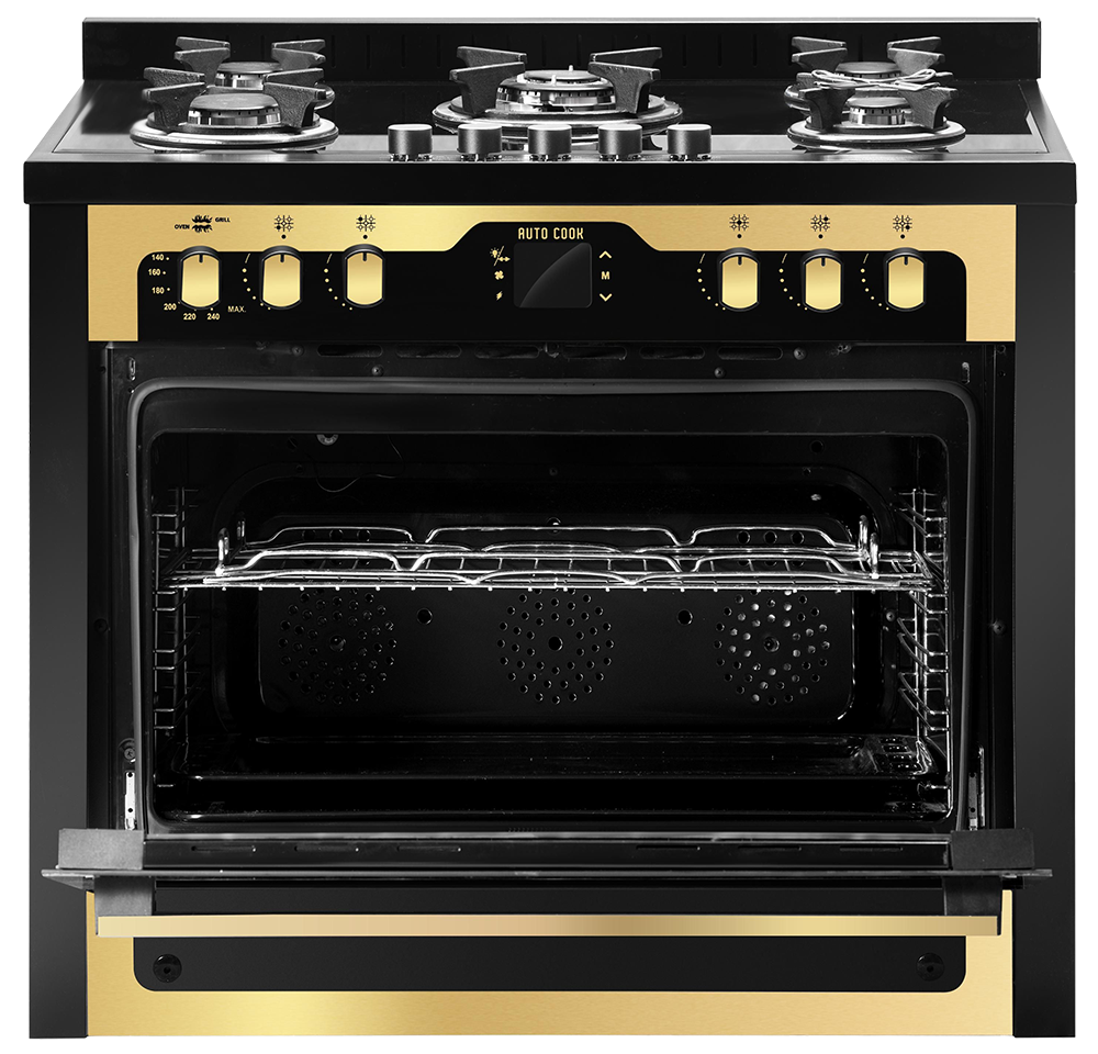 بوتاجاز  يونيون اير  اى شيف جولدن ايديشن ، 60*90 سم ، 5 شعلة ، حوامل زهر ، اوتو كوك ، شاشة ديجيتال ، مروحة فرن ، أسود * ذهبي ، C69GB-1GC-383-ICPS2F-PC-2W-AL